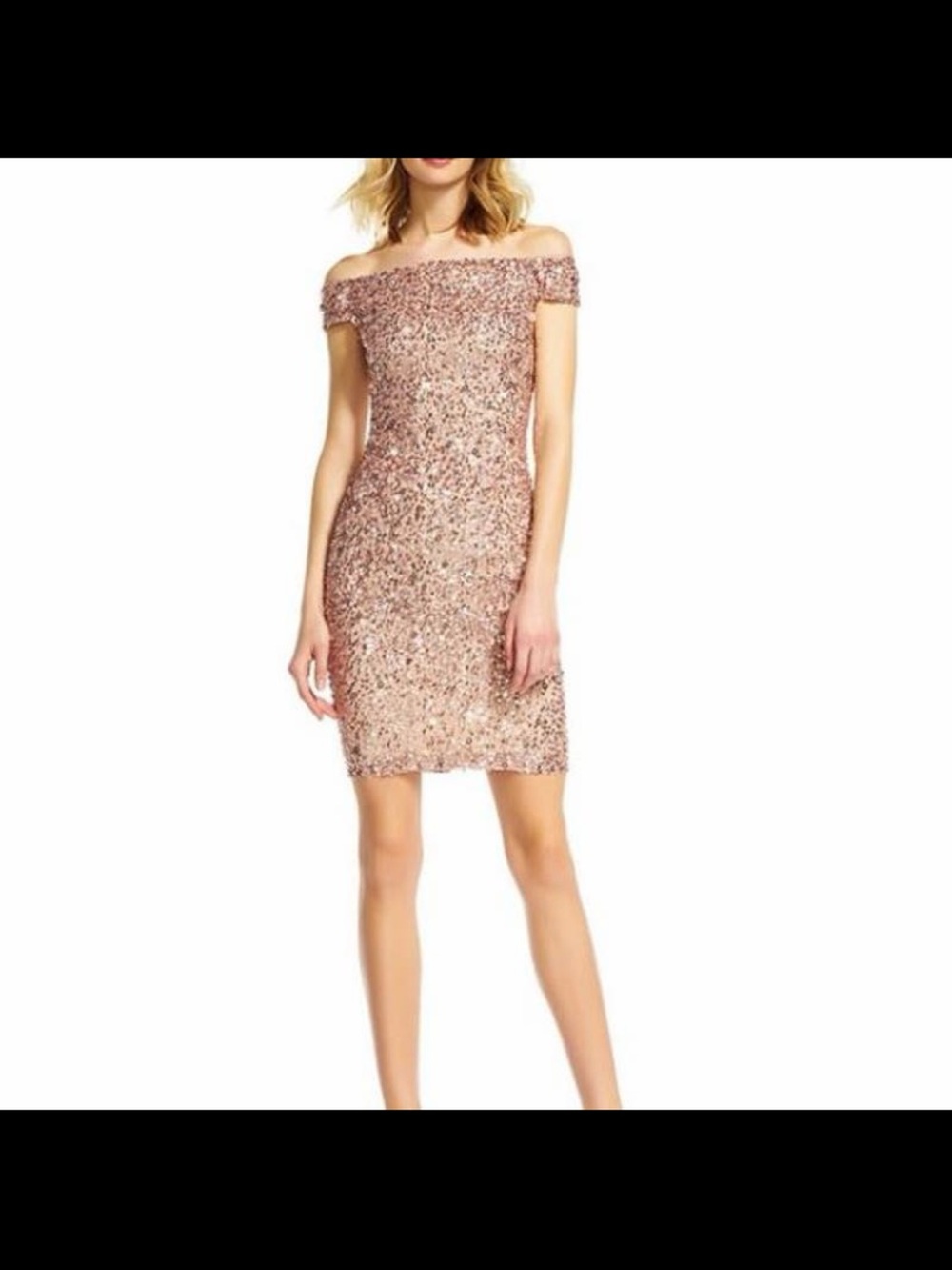 Adrianna Papell Off-Shoulder Sequin Mini Dress in Rose Gold